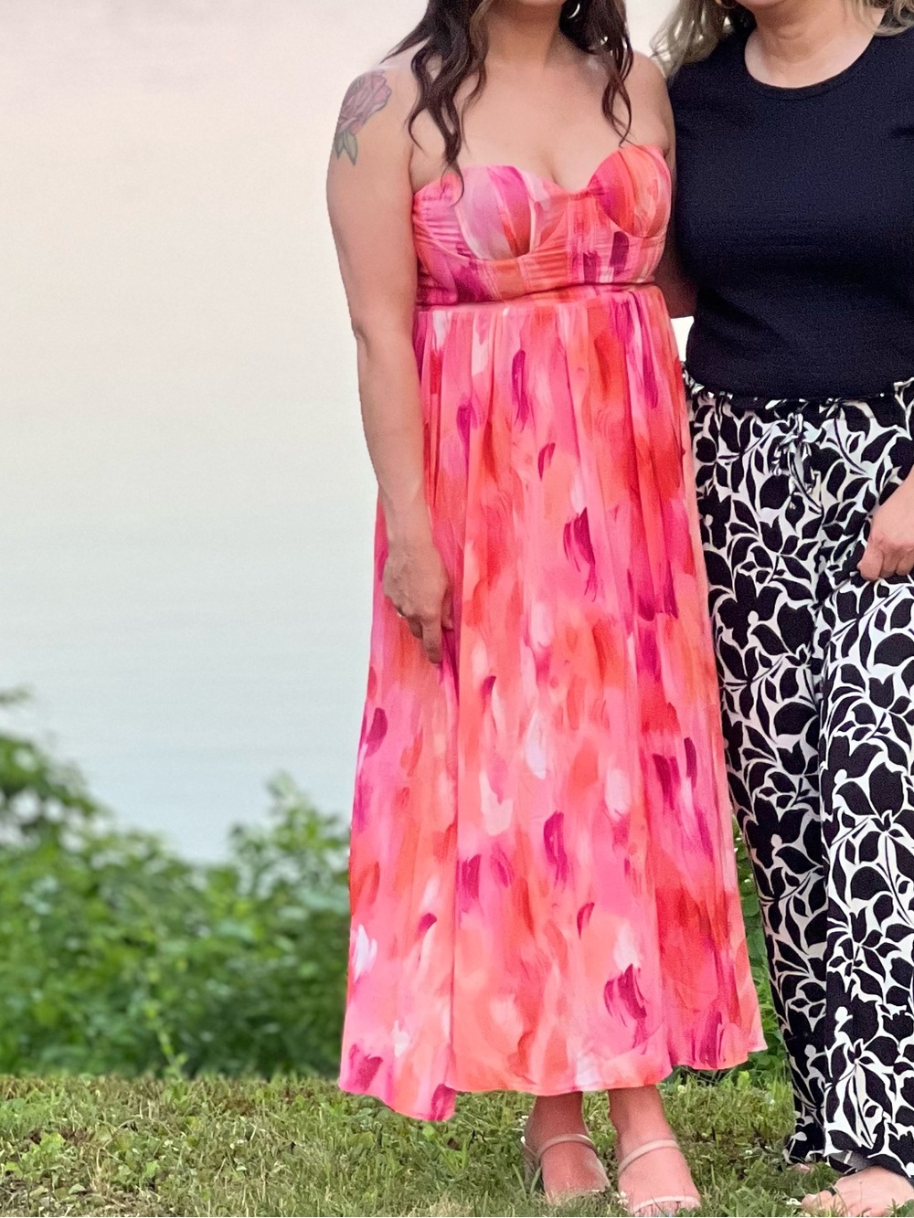 Lulu's Strapless Watercolor-Print Pink & Coral Wedding Dress